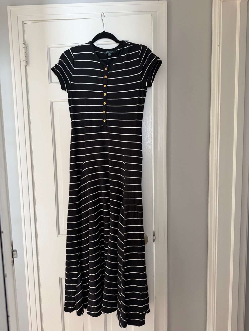 Ralph Lauren Black and White Striped Short-Sleeve Maxi Dress USA M
